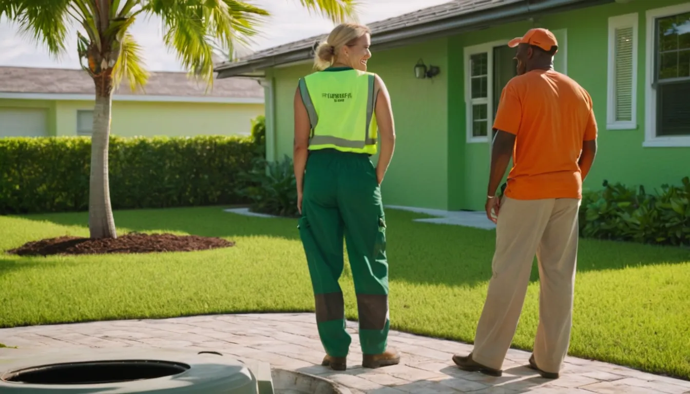 A homeowner talking with a septic provider beside a tank access lid in a Fort Lauderdale yard