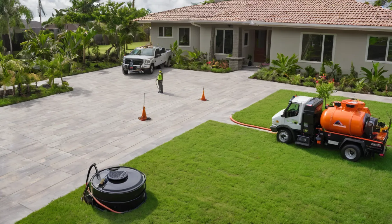 A provider's pumping truck parked beside a concrete block home in Fort Lauderdale with a hose running to the septic tank lid