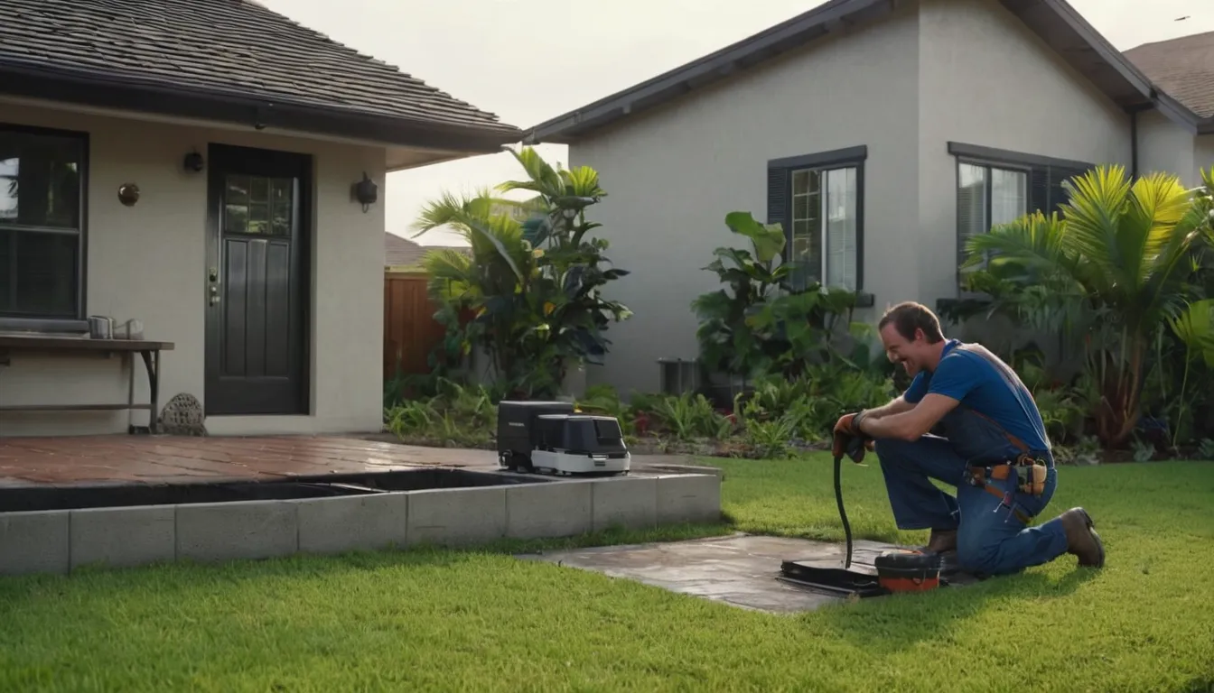 Provider checking a sewer cleanout in a Fort Lauderdale front yard with a homeowner nearby